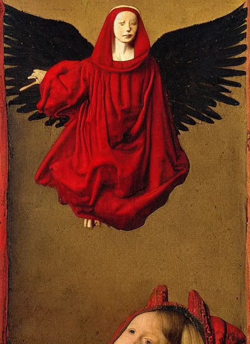 Image similar to Flying Fallen Angel with wings dressed in red, Medieval painting by Jan van Eyck, Johannes Vermeer, Florence