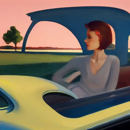 Image similar to Character portrait with car, dated a woman that lived on Cooterneck Road, She had a catfish Camero and was cooler than me, by Edward Hopper, Bo Bartlett, and Cynthia Sheppard, Artstation