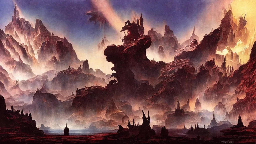 Prompt: journey to the center of the earth by frank frazetta and bruce pennington, atmospheric cinematic matte painting