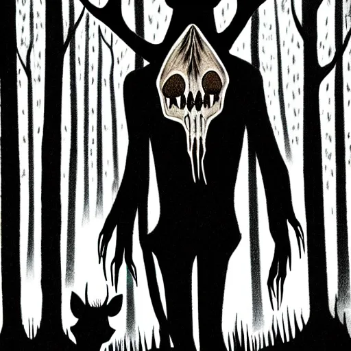 Prompt: Emma Rios comic, Wendigo monster with deer skull face, antlers, furry brown body, tall and lanky skinny, walking through the forest, very dark night time, deep black, ominous lighting, spooky, scary, foggy, fog