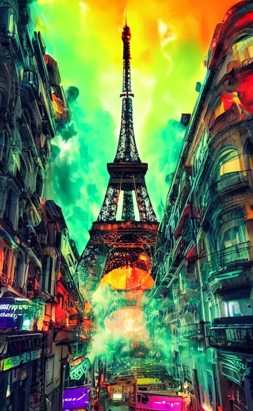 Image similar to giant larva with tentacles attacks and destroys and blows up the eiffel tower in glowing colorful luminous slime, dark foggy streets with white neon signs, running and screaming people, futuristic, dramatic, ultra - realistic, landscape, perspective, hight detailed, no blur, 8 k