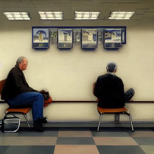 Image similar to werner herzog sits surrounded by empty chairs in the waiting area of the dmv. ultra wide angle, style of edward hopper, wes anderson, award winning, hyperrealistic, art of elysium by jeremy mann and alphonse mucha, dynamic lighting, very detailed face, 4 k