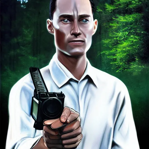 Image similar to forrest gump as a matrix agent, hyper realistic, digital art