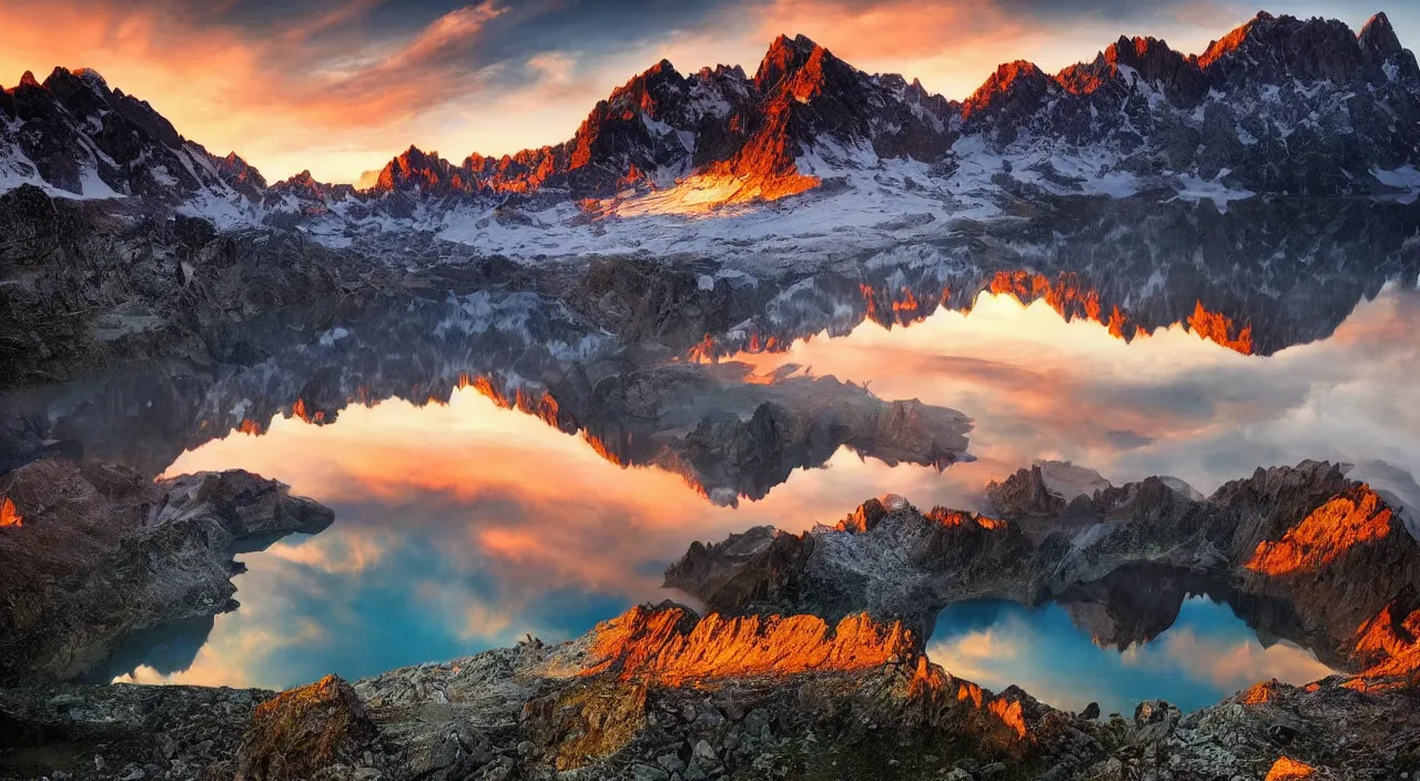 Image similar to amazing landscape photo of mountains with lake in sunset by marc adamus, beautiful dramatic lighting