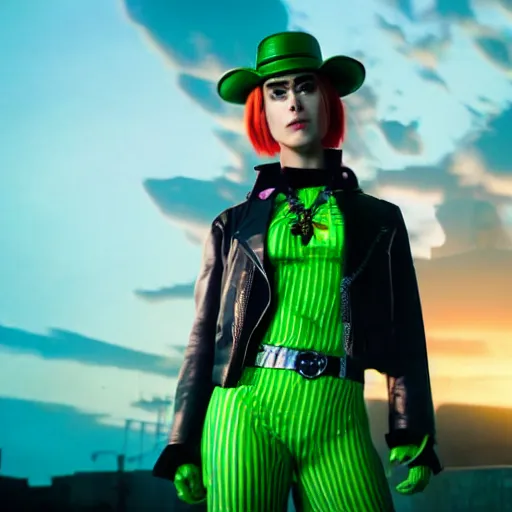 Image similar to cinematic scene with keira nightly as jolyne from jojo's bizarre adventure, live action film, stone ocean, dramatic, small details, volumetric lighting, still frame