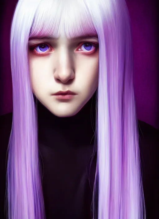 Image similar to hair whitebangs hair, black hair, whitebangs, portrait of teenage girl with white bangs, red irises, purple clothes, white bangs, bangs are different color from hair, intricate, elegant, glowing lights, highly detailed, digital painting, artstation, concept art, smooth, sharp focus, illustration, art by wlop, mars ravelo and greg rutkowski