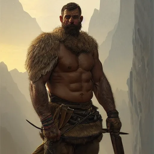 Image similar to portrait of a rugged ranger, muscular, upper body, hairy torso, d & d, fantasy, intricate, elegant, highly detailed, digital painting, artstation, concept art, matte, sharp focus, illustration, art by artgerm and greg rutkowski and alphonse mucha