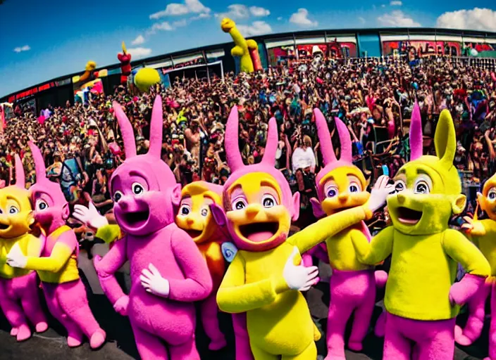 Image similar to photo still the teletubbies at the vans warped tour!!!!!!!! at age 3 6 years old 3 6 years of age!!!!!!!! dancing into the crowd, 8 k, 8 5 mm f 1. 8, studio lighting, rim light, right side key light