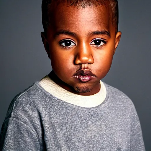 Prompt: the face of kanye west at 4 years old, portrait by julia cameron, chiaroscuro lighting, shallow depth of field, 8 0 mm, f 1. 8