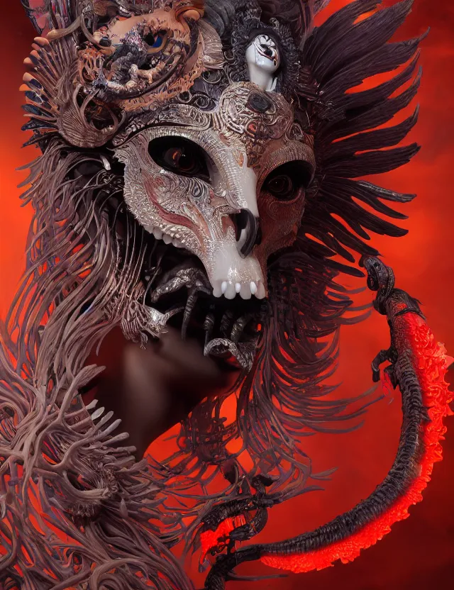 Image similar to 3 d goddess of hell close - up profile portrait with ram skull. beautiful intricately detailed japanese crow kitsune mask and clasical japanese kimono. betta fish, jellyfish phoenix, bio luminescent, plasma, ice, water, wind, creature, artwork by tooth wu and wlop and beeple and greg rutkowski