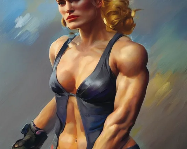 Image similar to greg manchess portrait painting of keira knightley as beautiful thick female bodybuilder zarya from overwatch, medium shot, asymmetrical, profile picture, organic painting, sunny day, matte painting, bold shapes, hard edges, street art, trending on artstation, by huang guangjian and gil elvgren and sachin teng