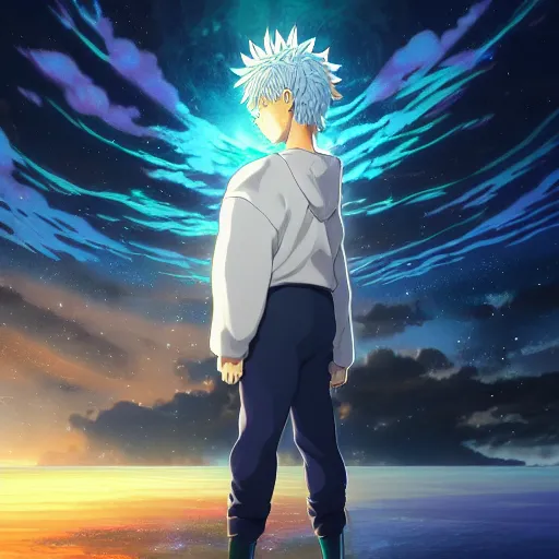 Image similar to killua zoldyck art by dan mumford and yusuke murata and makoto shinkai and ross tran, cosmic, heavenly, god rays, intricate detail, cinematic, 8 k, cel shaded, unreal engine, featured on artstation, pixiv