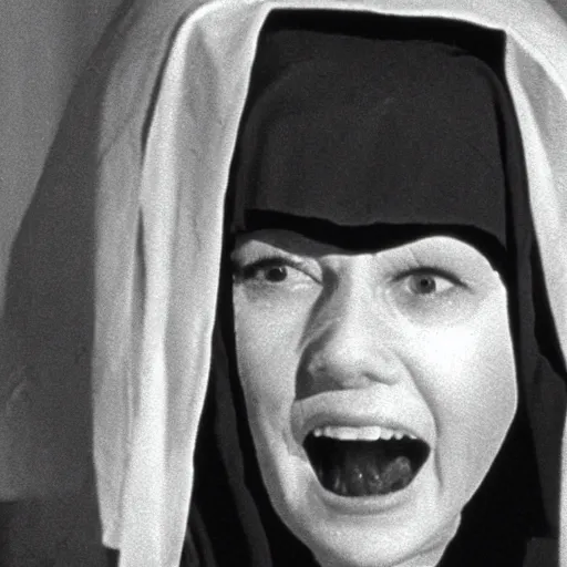 Prompt: skary old nun, movie still, 1960's motion, horror, high quality