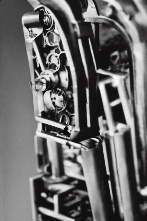 Image similar to a close-up portrait of Marcel Duchamp machine in the style of Hito Steyerl and Shinya Tsukamoto and Irving Penn and Robert Frank