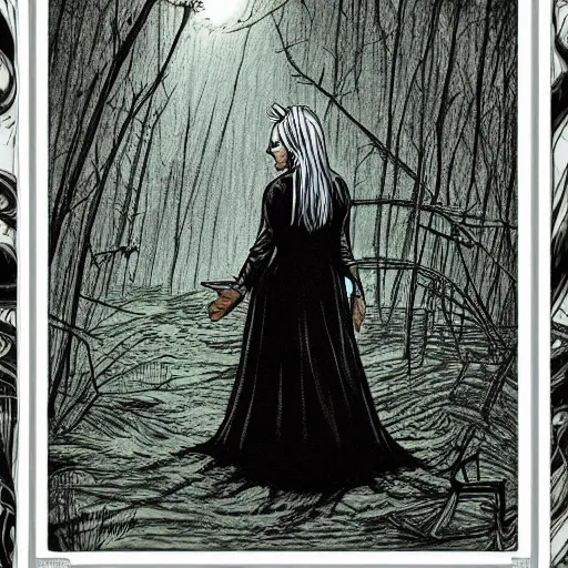 Prompt: tall slender woman with long grey hair in a black dress walking out of a swamp, concept art, high resolution, high quality, highly detailed, elaborate, by ec comics,