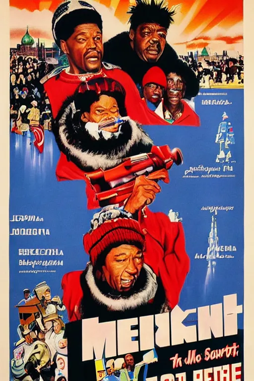 Prompt: poster the movie 1 9 8 8 ussr don't be a menace to south central while drinking your juice in the hood, perfect symmetrical eye, soviet russian winter fur cap with earflaps ushankas vodkra kremlin babushka communist