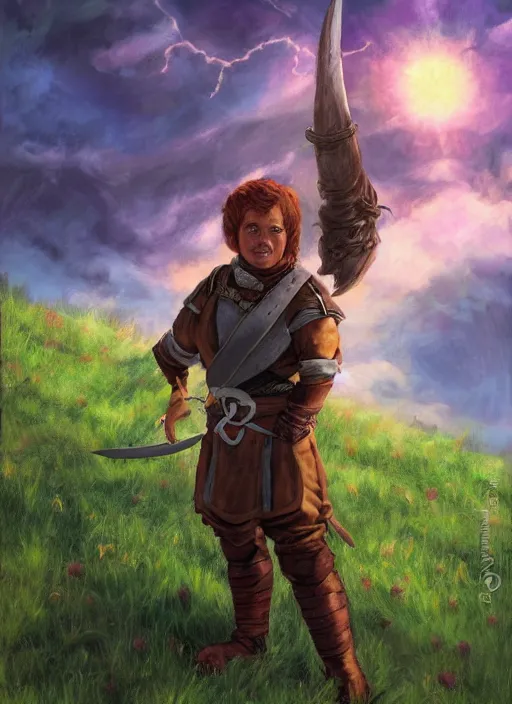 Prompt: A fantasy comic book roleplaying game style portrait painting of a halfling fighter on a beautiful meadow, DAZ, hyperrealistic, ambient light, dynamic light