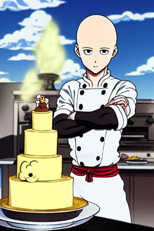 Image similar to chef saitama one punch man, dressed as a pastry chef, making a cake, anime artwork