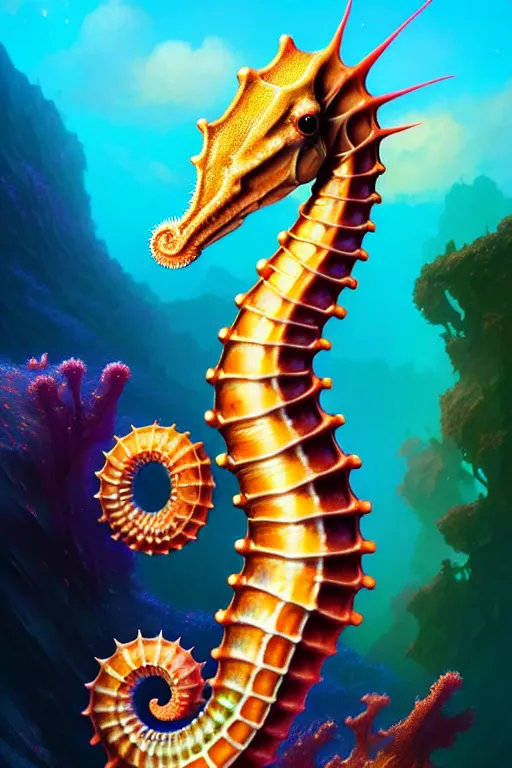 Image similar to highly detailed portrait of rainbow - colored seahorse, stephen bliss, unreal engine, fantasy art by greg rutkowski, rhads, ferdinand knab, makoto shinkai and lois van baarle, ilya kuvshinov, rossdraws, tom bagshaw, global illumination, radiant light, yellow blue theme, coral reef