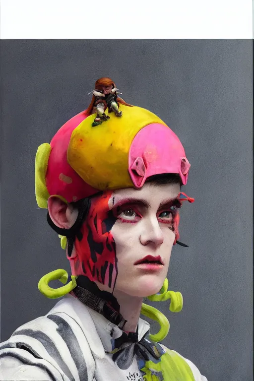 Prompt: a male character wearing a diy! costume, punk, with fluo colored details and a transparent helmet, muted colors, vivienne westwood, nausicaa, hyper real painting