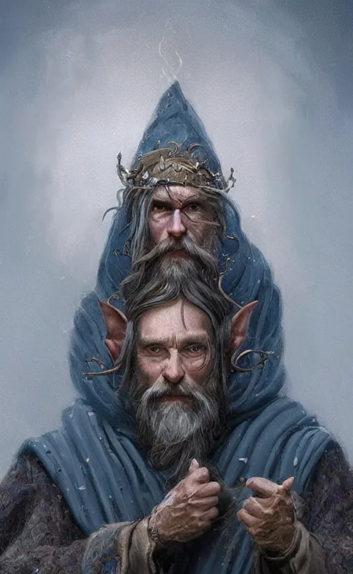 Image similar to portrait of a middle aged elf with a long beard, dressed in a blue cloak, brown grey hair, raised hand, clock iconography, detailed face, fantasy, highly detailed, cinematic lighting, digital art painting by greg rutkowski