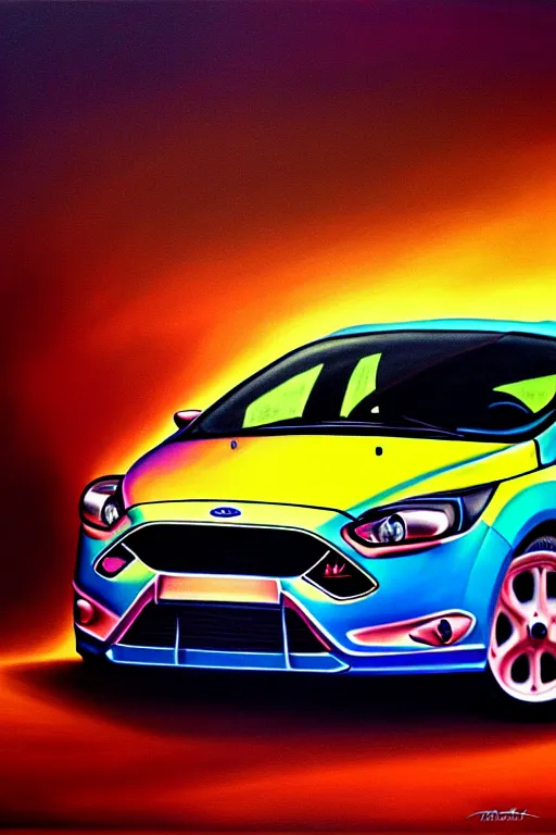 Image similar to a photorealistic painting of ford focus hatchback by johfra bosschart, lisa frank, dark fantasy art, high detail, trending on artstation