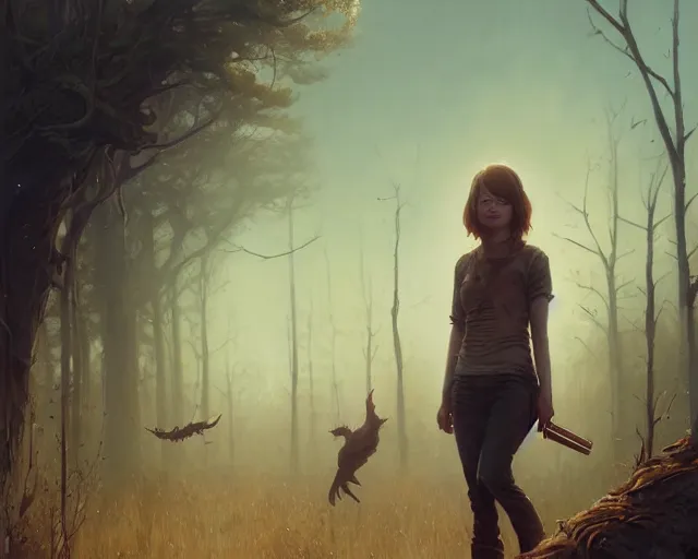 Image similar to highly detailed portrait of emma stone, in the walking dead, stephen bliss, unreal engine, fantasy art by greg rutkowski, loish, rhads, ferdinand knab, makoto shinkai and lois van baarle, ilya kuvshinov, rossdraws, tom bagshaw, global illumination, radiant light, detailed and intricate environment