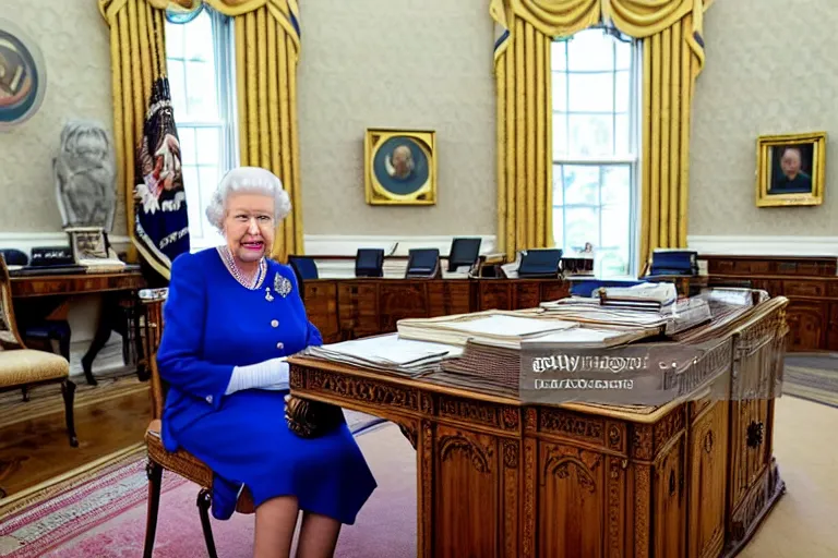 Prompt: Queen Elizabeth II sitting behind the Resolute Desk in the White House Oval Office, 4k, award winning photo