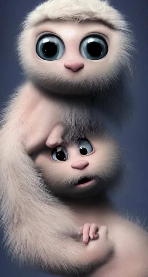 Image similar to a cute little baby monster with long fur, portrait, pixar style, extremely realistic photo, heaven background, cinematic lighting, award winning creature portrait photography