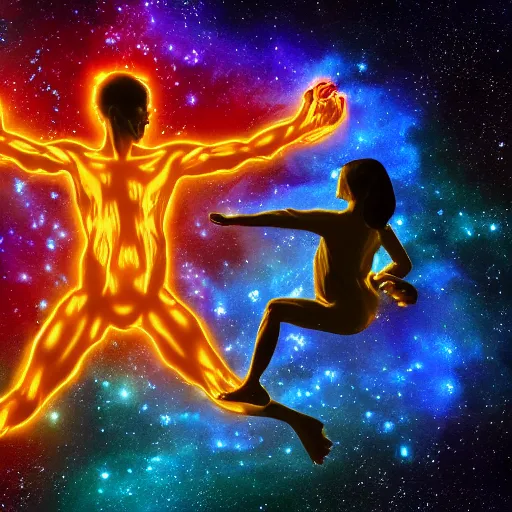 Prompt: the glowing human forms of pancha bhutas wielding their respective elements against a starry galaxy, with a small human silhouette prostrating in front of them, photorealistic render