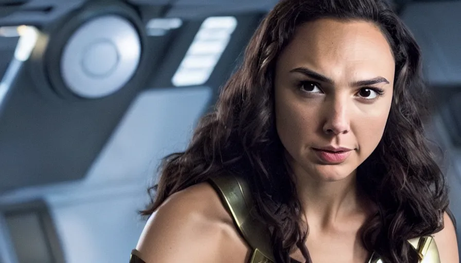 Image similar to Gal Gadot, in full starfleet uniform, is the captain of the starship Enterprise in the new Star Trek movie