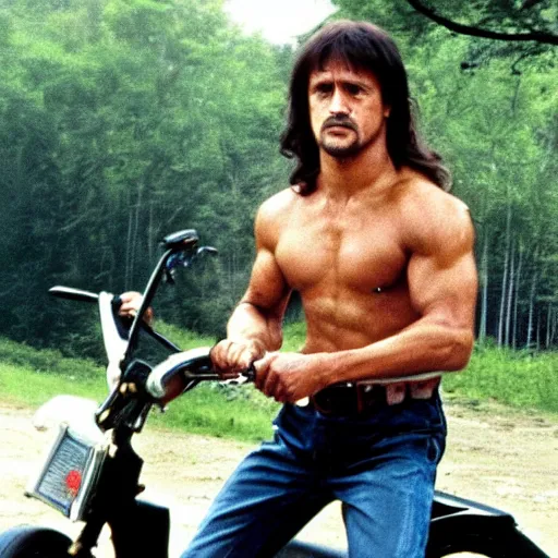 Prompt: rambo from first blood on a scooter