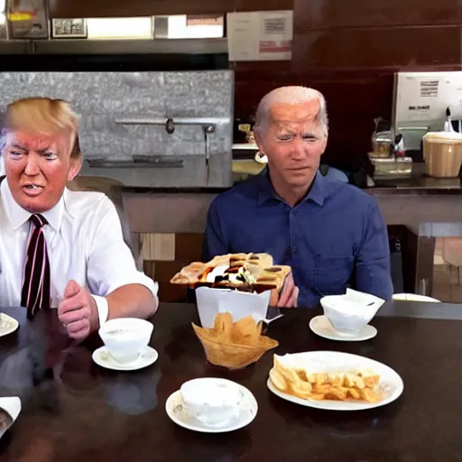 Image similar to photograph of trump and Biden sitting and eating breakfast at a Wafflehouse