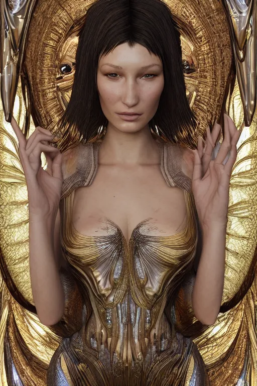 Image similar to a highly detailed 3 d portrait of a beautiful alien goddess bella hadid in iris van herpen dress schiaparelli in diamonds in style of alphonse mucha trending on artstation made in unreal engine 4