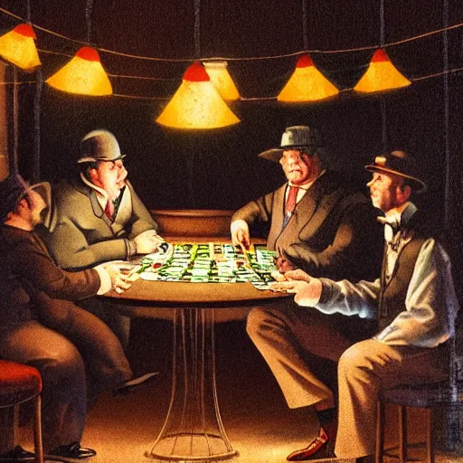 Image similar to fat rats gambling with a single light overhead, down a dark alleyway, smoking, roaring 2 0 s