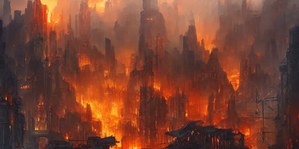 Prompt: city of fire and brimstone, digital art by paul chadeisson, trending on artstation, photoshop, concept art, high resolution