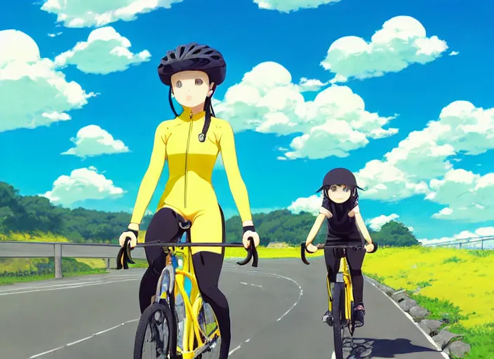 Image similar to portrait of cute girl riding road bike, sunny sky background, lush landscape, illustration concept art anime key visual trending pixiv fanbox by wlop and greg rutkowski and makoto shinkai and studio ghibli and kyoto animation, symmetrical facial features, sports clothing, yellow helmet, nike cycling suit, backlit, aerodynamic carbon frame, sponsors logo, sport golves