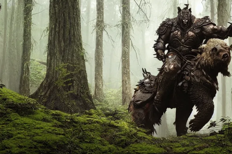 Image similar to vfx movie closeup detailed ancient armored warrior orc hunting riding large bear in the forest, natural lighting by emmanuel lubezki