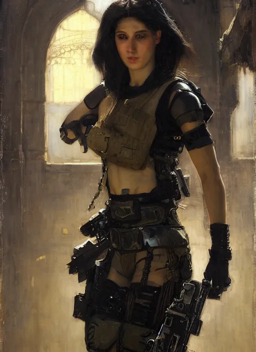 Prompt: beautiful cyberpunk mercenary in tactical gear. Iranian orientalist portrait by john william waterhouse and Edwin Longsden Long and Theodore Ralli and Nasreddine Dinet, oil on canvas. Cinematic, hyper realism, dramatic lighting, high detail 4k