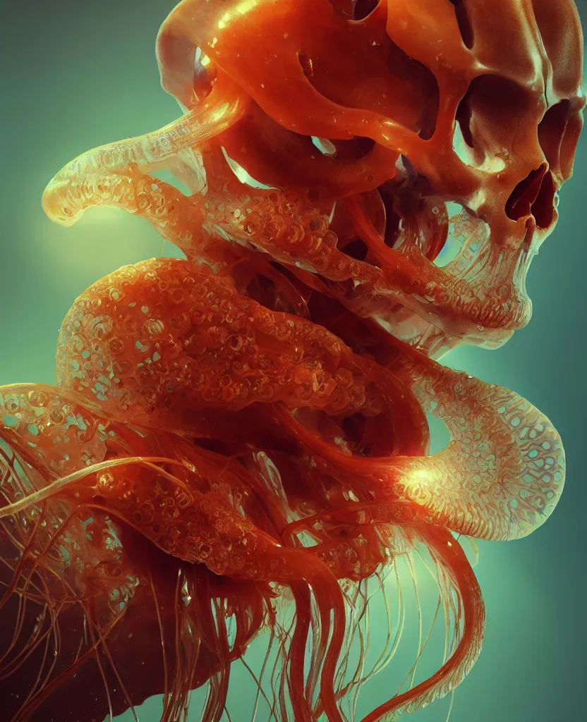 Image similar to goddess close-up portrait animal skull. jellyfish phoenix head, nautilus, orchid, skull, betta fish, bioluminiscent creatures, intricate artwork by Tooth Wu and wlop and beeple. octane render, trending on artstation, greg rutkowski very coherent symmetrical artwork. cinematic, hyper realism, high detail, octane render, 8k