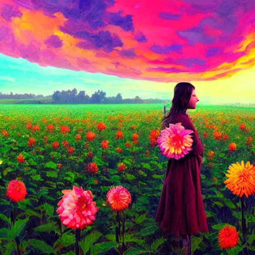 Prompt: giant dahlia flower as head, full body girl standing in a flower field, surreal photography, sunrise, dramatic light, impressionist painting, colorful clouds, digital painting, artstation, simon stalenhag