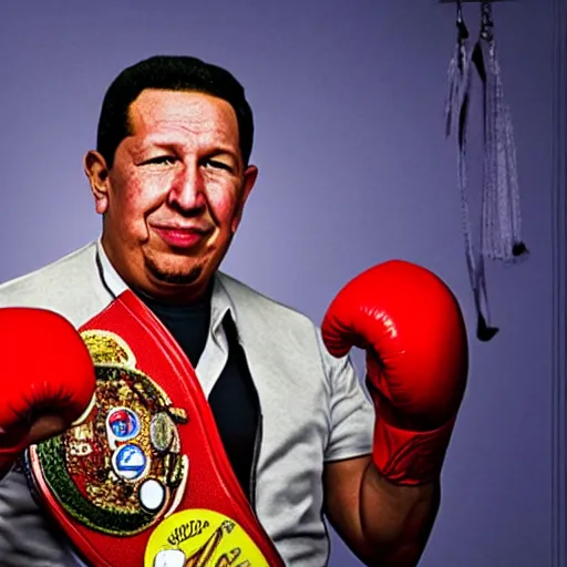 Image similar to A still of Hugo Chávez in a boxing match against Nicolas Maduro, 4k, highly detailed, photograph, photoreal, award winning, promo shoot