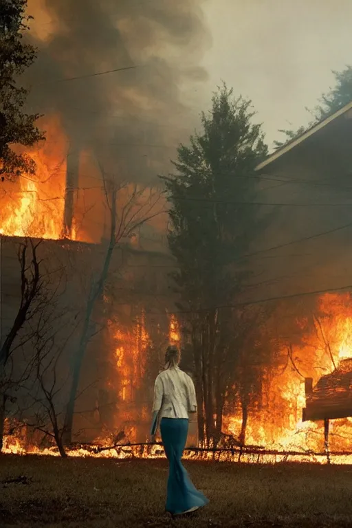 Image similar to Gregory Crewdson full color Photography, A woman walks calmly while her house is on fire