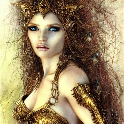 Image similar to portrait of ethereal young goblin princess in golden armour by Luis Royo