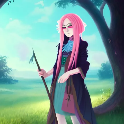 Image similar to A young adult witch with a cottage-core aesthetic with rose-colored hair and teal clothing, Nobutaka Ike, character design, fantasy, 8k resolution