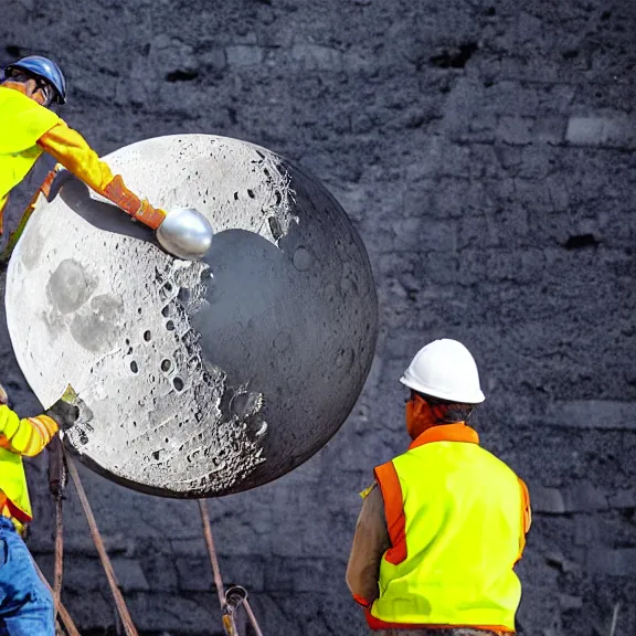 Image similar to two construction workers removing the moon from the sky