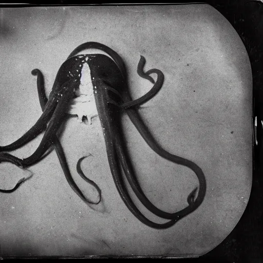 Image similar to underwater tintype photo of a giant squid