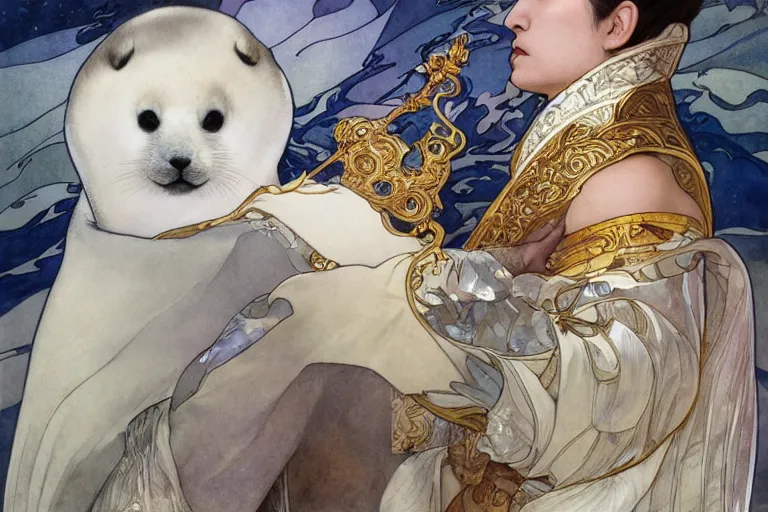 Image similar to a portrait of king baby harp seal, lord of the Arctic, portrait, gold blue silver and white colors, water color, art by artgerm and greg rutkowski and alphonse mucha and jin xiaodi and anthony devine