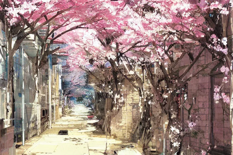 Prompt: beautiful Japanese anime alleyway with sakura trees, art by JOHN BERKEY, rule of thirds