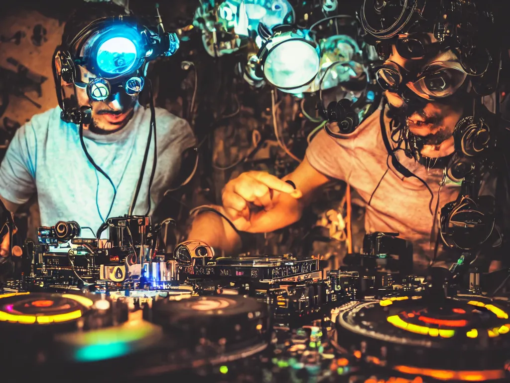 Image similar to a person wearing goggles and visor and headphones using a steampunk record player contraption, wires and tubes, turntablism dj scratching, intricate planetary gears, cinematic, imax, sharp focus, leds, bokeh, iridescent, black light, fog machine, hazy, lasers, hyper color digital art, cyberpunk